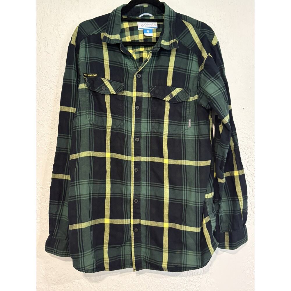 Columbia Men's University of Oregon Ducks Plaid Flannel Shirt Green Yellow